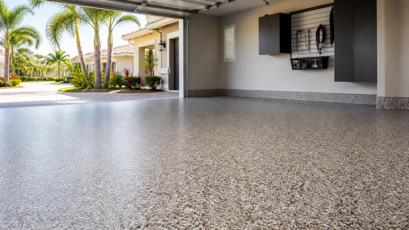 Professionally coated decorative flake garage floor in a Winter Garden, Florida home